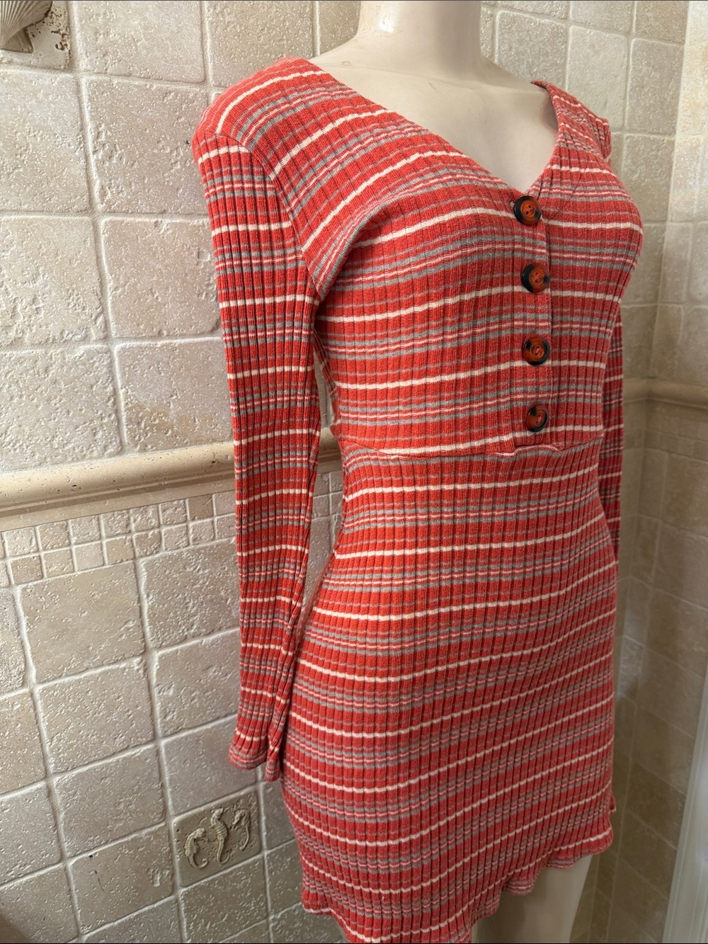 Women’s Ribbed Button-Front Red Striped Dress - Picture 2 of 6